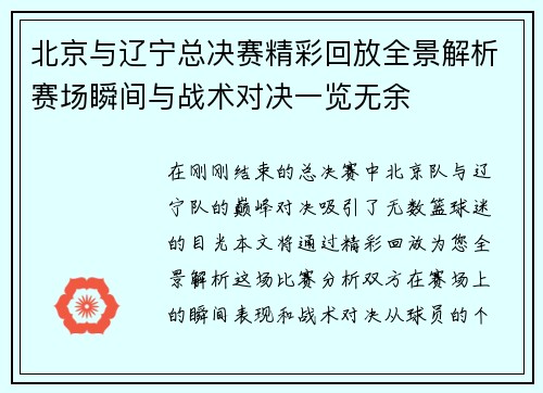 北京与辽宁总决赛精彩回放全景解析赛场瞬间与战术对决一览无余