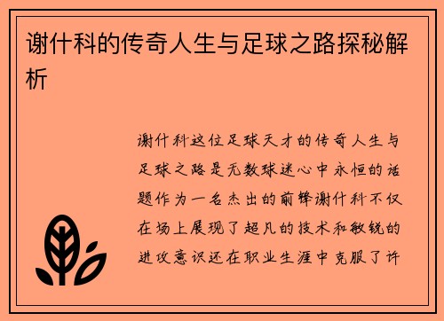 谢什科的传奇人生与足球之路探秘解析