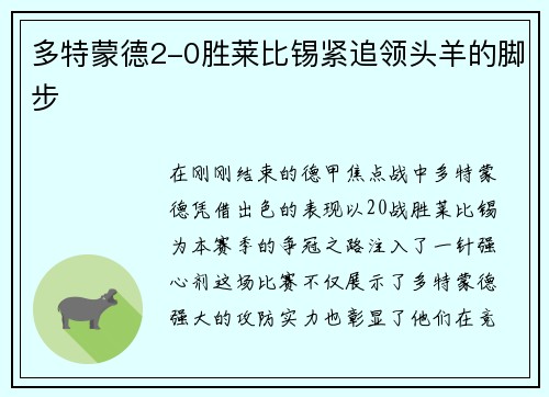多特蒙德2-0胜莱比锡紧追领头羊的脚步