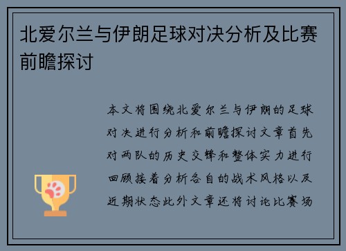 北爱尔兰与伊朗足球对决分析及比赛前瞻探讨