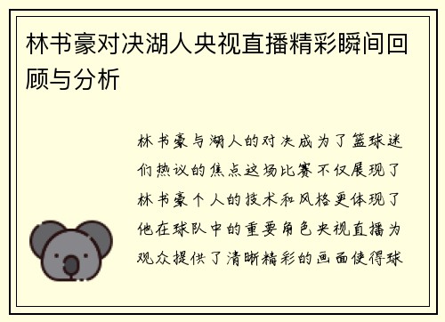 林书豪对决湖人央视直播精彩瞬间回顾与分析