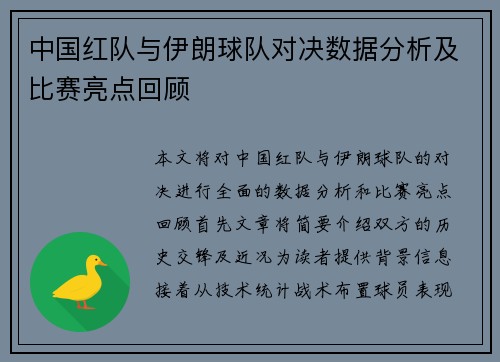 中国红队与伊朗球队对决数据分析及比赛亮点回顾