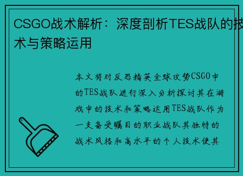 CSGO战术解析：深度剖析TES战队的技术与策略运用