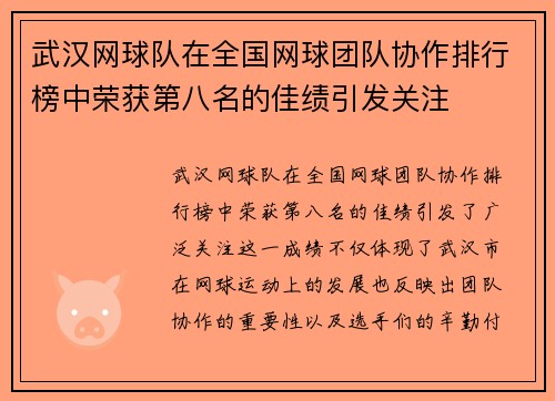 武汉网球队在全国网球团队协作排行榜中荣获第八名的佳绩引发关注