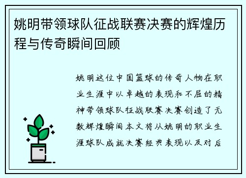 姚明带领球队征战联赛决赛的辉煌历程与传奇瞬间回顾