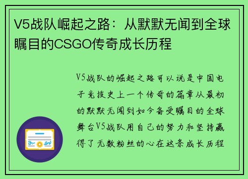 V5战队崛起之路：从默默无闻到全球瞩目的CSGO传奇成长历程